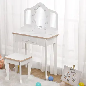 Children's Vanity Table with Lighted Mirror, Table and Stool for Toddler Girls, Kids Makeup Set with Tri-Fold Mirror, Drawer and Storage Rack