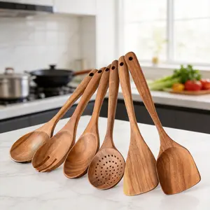 6-Piece Natural Teak Wood Utensil Set - Nonstick Cooking Spoons & Spatulas, Heat Resistant Kitchen Tools