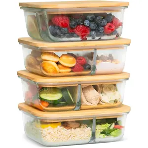 Glass Storage Containers with   -  Non  Meal Prep Jars with Wooden Lid for Fridge and Kitchen Organization - Non Plastic Container for Fruit Bowls - 48 oz - 4 Pack