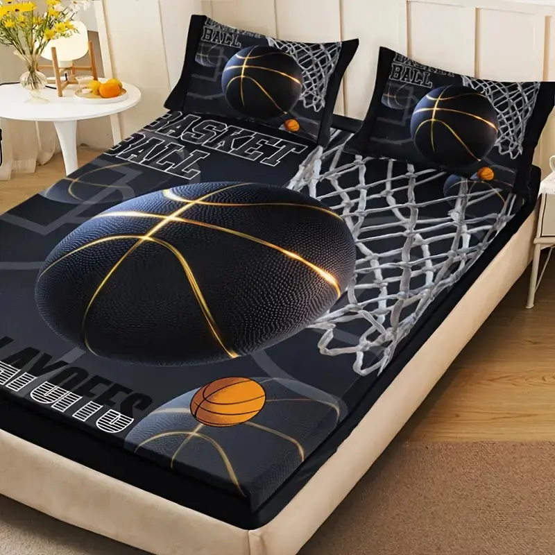 Sports 3PCS Basketball Bedding Set - 1 Bed Sheet, 2 Pillowcases (No Pillow Core), High-Definition Print for Home & Dormitory