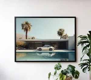 [SALE UP TO 50% + FREE SHIP] Vintage Porsche by Palm Springs Pool Aesthetic Wall Art Luxury Car Scenic Landscape Minimalist Poster Mid-Century Modern Car Lover Print