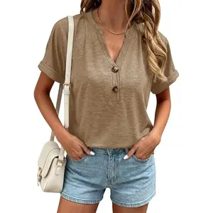 Women's Basic Fitted V-Neck Button-Up Short-Sleeve Blouse - Soft Fabric Casual Top for Everyday Outfits, Pairable with Jeans, Pants, and Clothes
