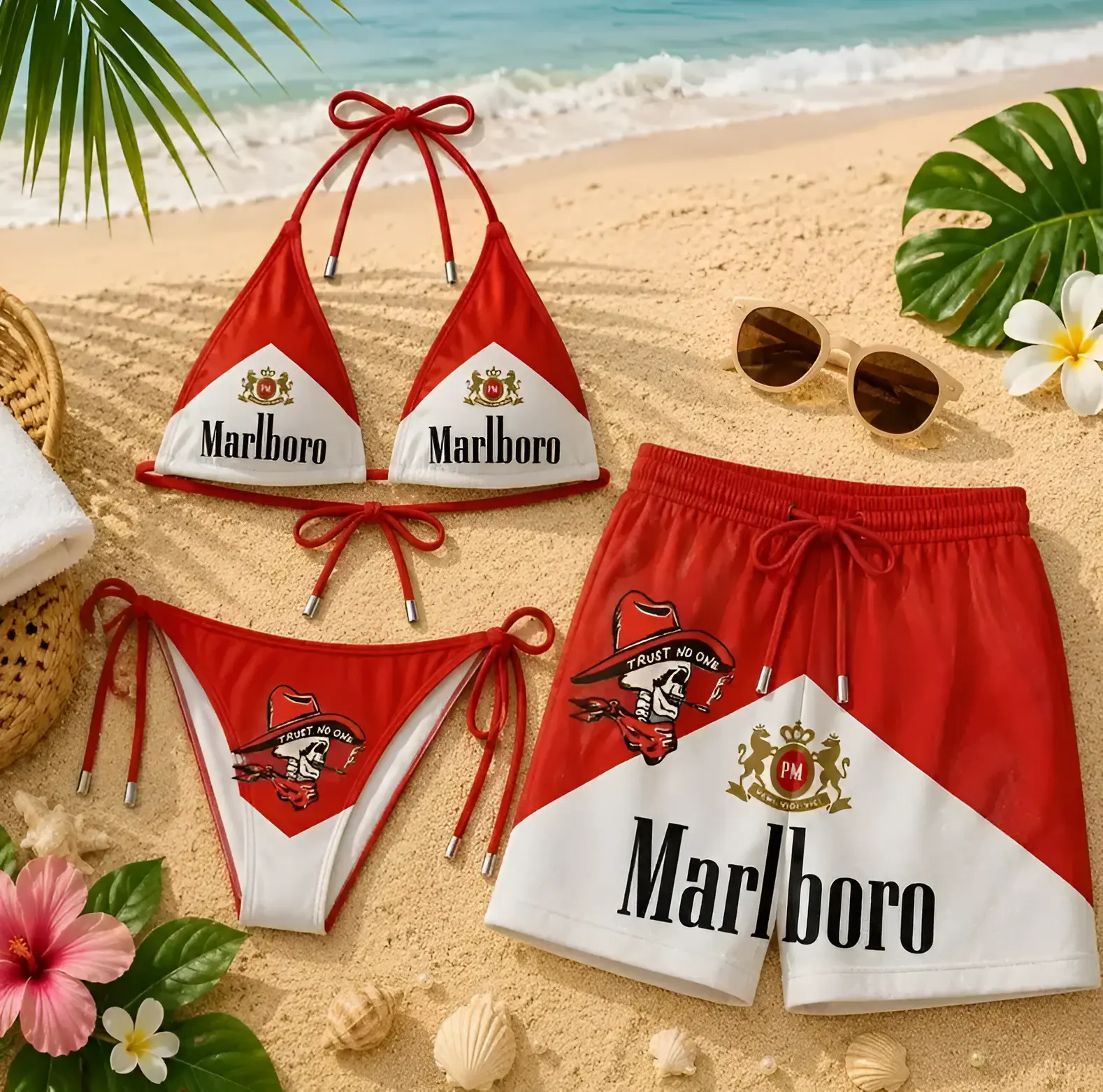 2026 Marlboro Desert Cowboy Matching Couple Swimwear Set, Vintage Western Bikini & Men's Swim Trunks for Beach Vacation