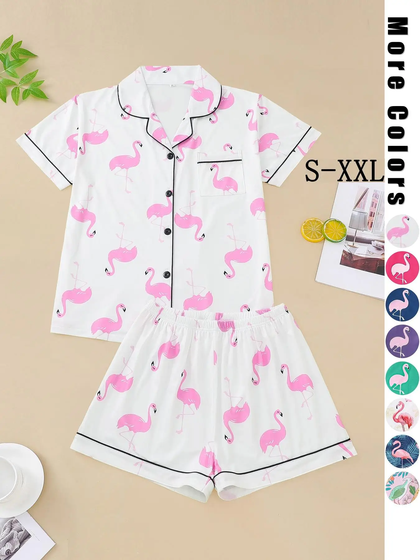 Two-piece Set Women's All Over Print Contrast Binding Pyjama Set, Casual Lapel Shirt & Elastic Waist Shorts Loungewear Set, Summer Sets, Women Cute Ni