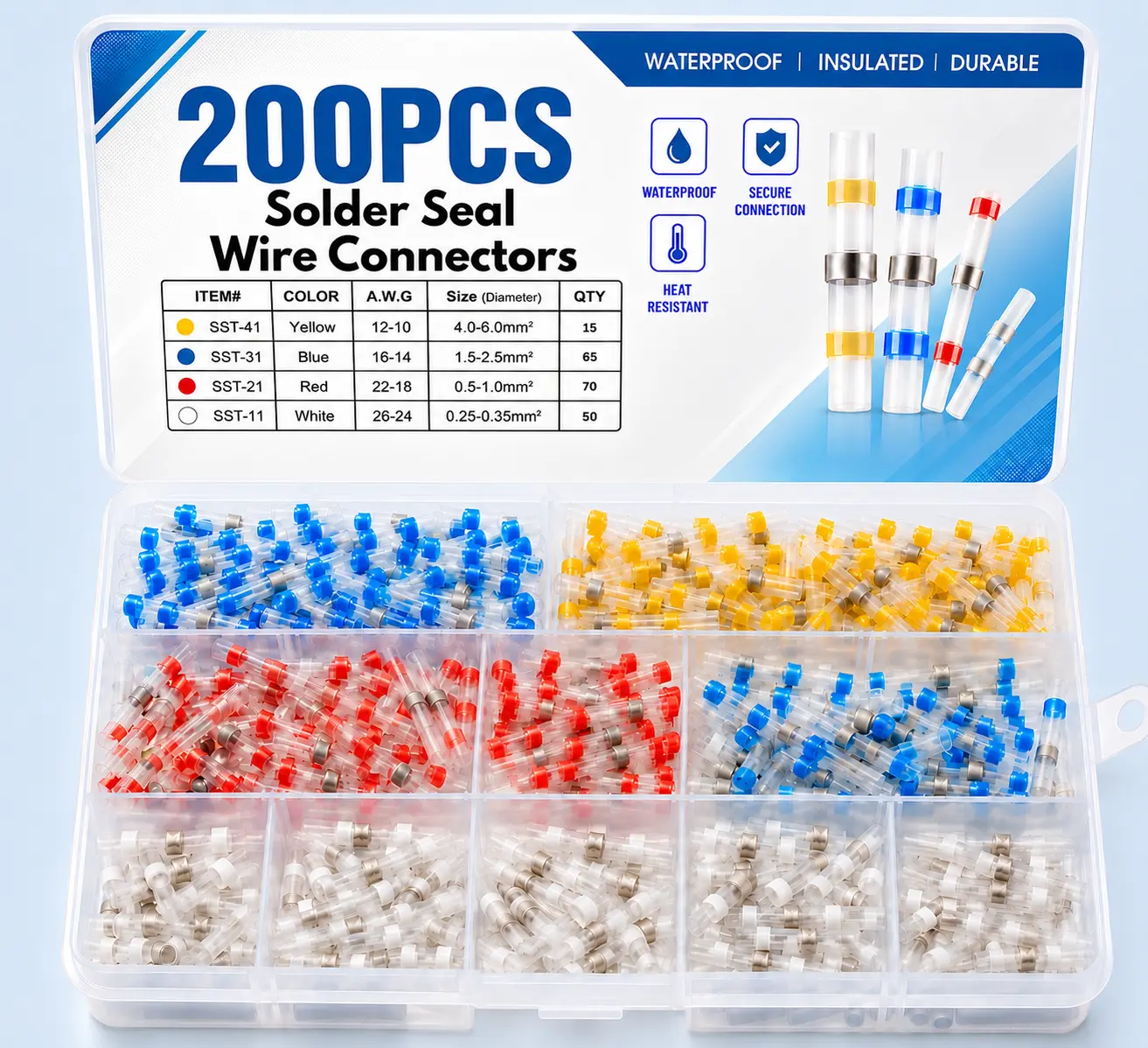 200PCS Solder Seal Wire Connectors with Storage Box, Waterproof Heat Shrink Butt Connectors with Self-Solder Function for Marine, Automotive & Stereo Wiring