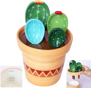 Cactus Measuring Spoons Set in Pot Ceramic Cute Measuring Cups and Spoons  Baking Gifts for Dry Wet Ingredients Dishwasher Safe 1 Tbsp 1 TSP 1/2 TSP 1/4 TSP 1 Cup Blue