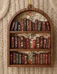 Vintage Floral Bookshelf Christmas Ornament Rustic Earth Tone Mini Library Decor Unique Botanical Gift for Bookworms and Readers