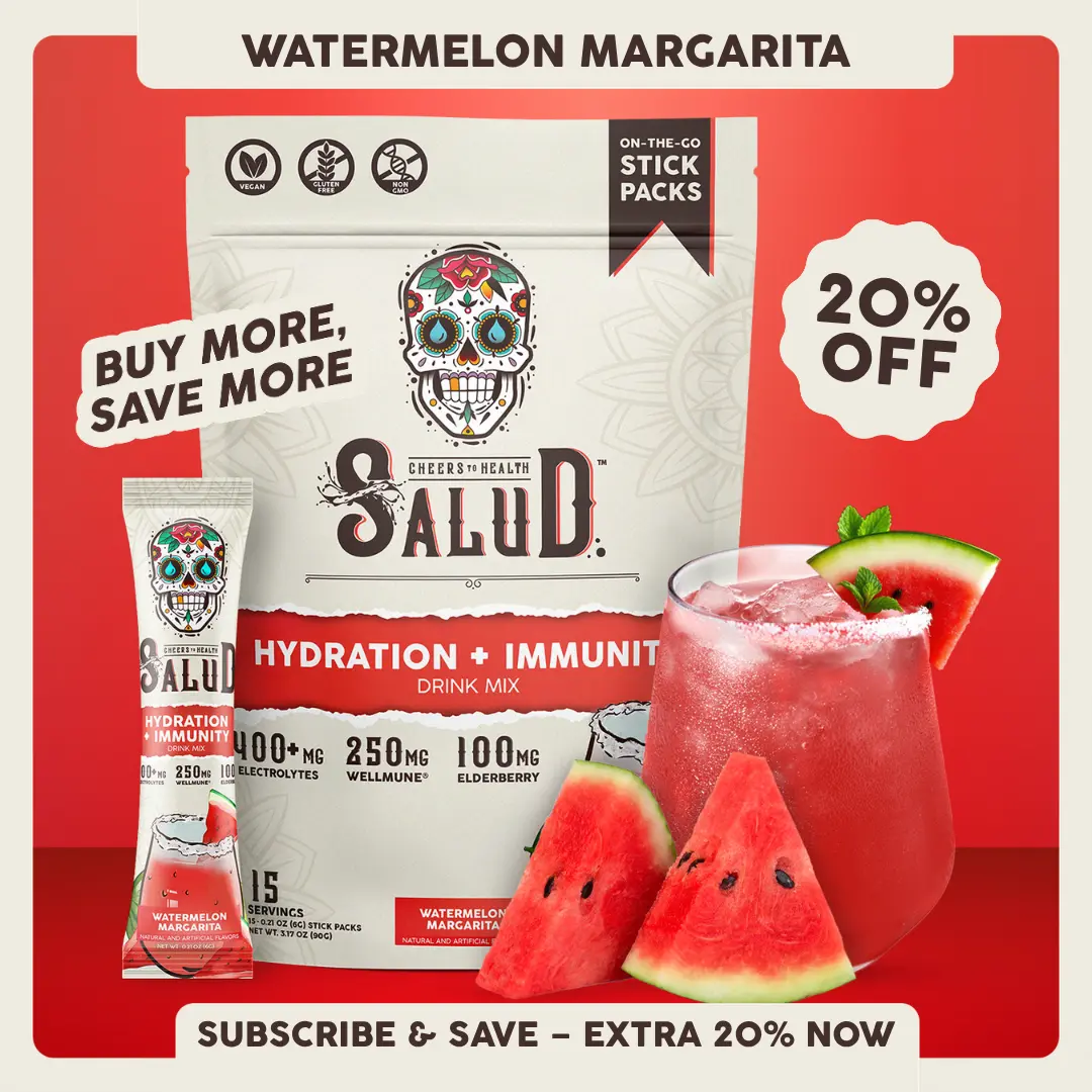 Salud 2-in-1 [Hydration + Immunity - Watermelon Margarita] Electrolytes Powder, Agua Fresca Drink Mix, Elderberry, Dairy & Soy Free, Non-GMO, Gluten Free, Vegan, Low Calorie, 1g Sugar (15 Servings)