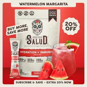 Salud 2-in-1 [Hydration + Immunity - Watermelon Margarita] Electrolytes Powder, Agua Fresca Drink Mix, Elderberry, Dairy & Soy Free, Non-GMO, Gluten Free, Vegan, Low Calorie, 1g Sugar (15 Servings)