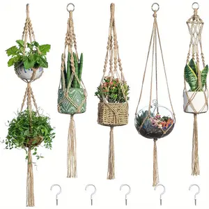 Macrame Plant Hanger, 5pcs Jute Plant Hanger Indoor With 5pcs Hooks, Handmade Weave Hanging Plant Holder For Indoor Outdoor Boho Home Décor, Flower Pot Hanger, Flower Pot Hook, Vase Hook, garden tool