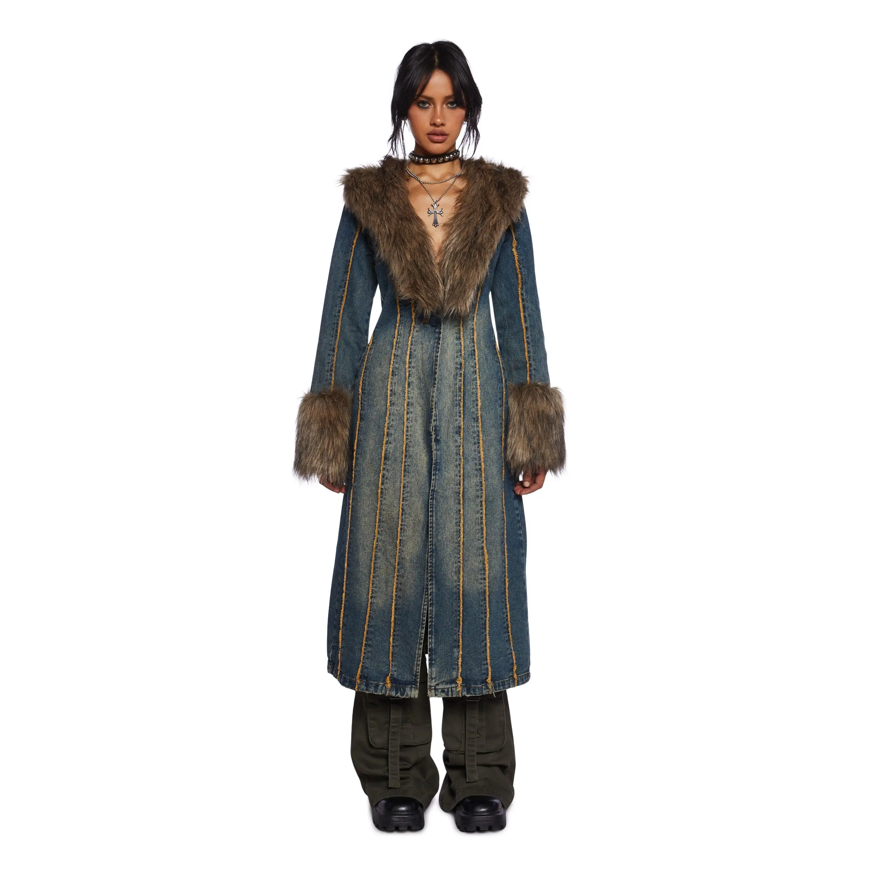 Off Beat Charm Denim Maxi Coat - Dark Blue