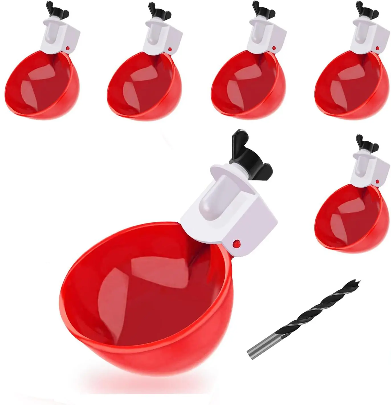 Chicken Waterer Cups 6 Pack Red DIY Automatic Large Chicken Water Feeder for Ducks Chicks Turkeys Quail Bunny Bird & Poultry Dispenser with Matching Drill Feeding dog whistle for dog litter box cats dogaccessories  chicken coop supplies and Waterer Set su