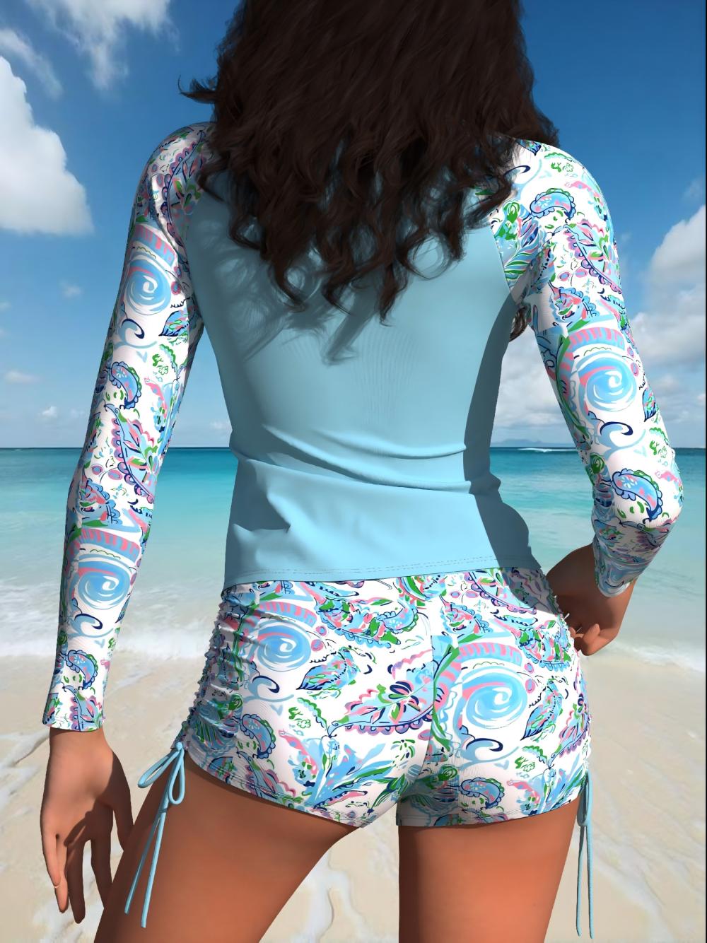 Women's Boho Rash Guard Swimsuit - 2-Piece High Neck Long Sleeve Tankini Set with Printed High-Stretch Shorts for Beach Surfwear Rashguards, Rash Guard Swimsuits, Sets, Two Pieces