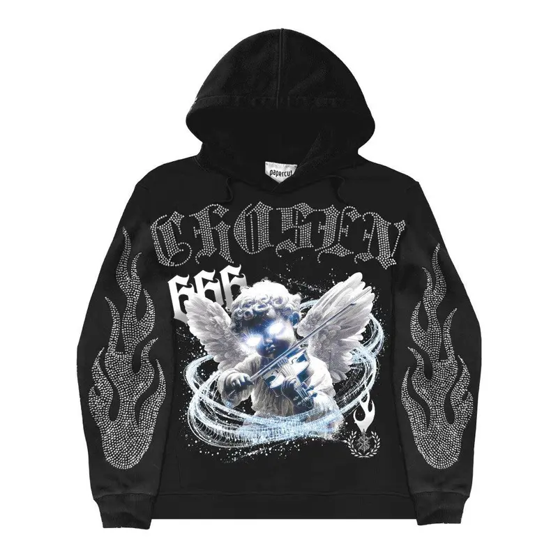 Heavyweight Rhinestone Hoodie Black Urban Streetwear Angel Graphic Design with Rhinestone Flame Details Long Sleeve Unisex Comfortable Regular Fit