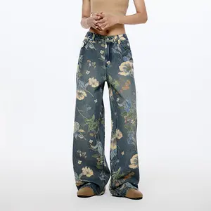 2025 American Style Floral Wide-Leg Jeans – Loose Fit Denim with Trendy Floral Print for Women