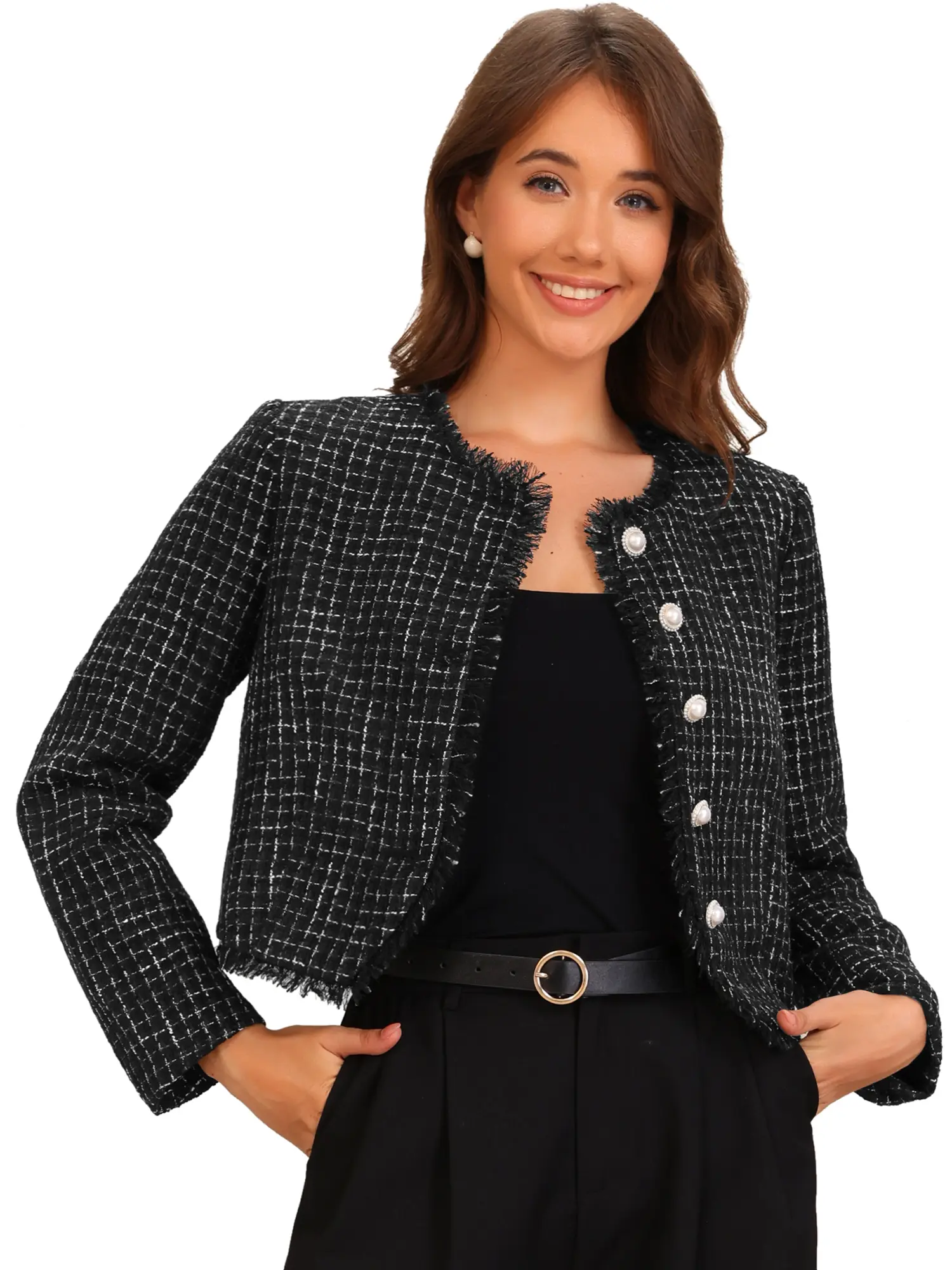 INSPIRE CHIC Plaid Tweed Jacket Women's Crew Neck Cropped Button Up Elegant Work Jackets