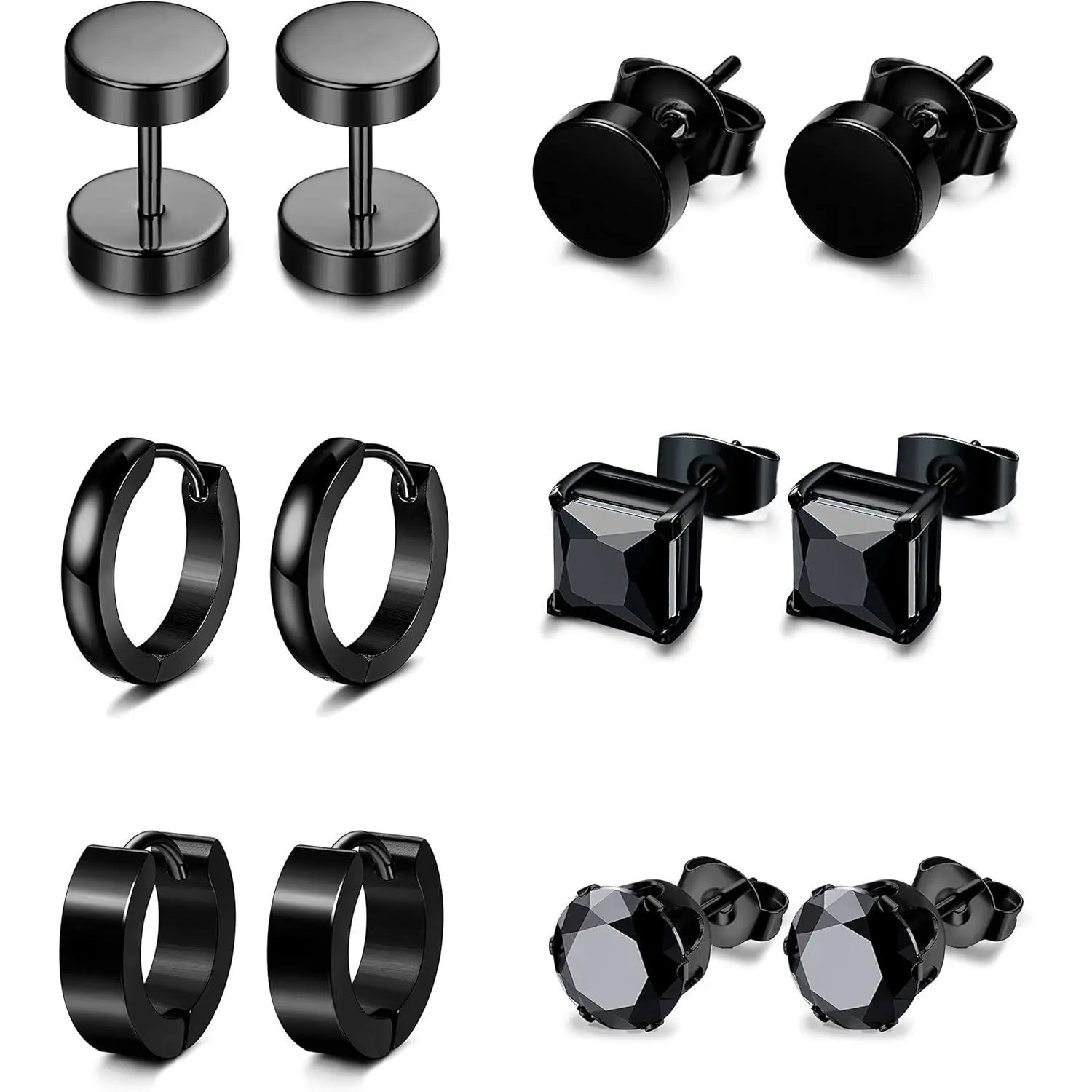 CASSIECA 6 Pairs Stud Earring Sets, 316L Stainless Steel Black Cubic Zirconia Hypoallergenic Men's Earrings, Summer Fashion Jewelry Accessories