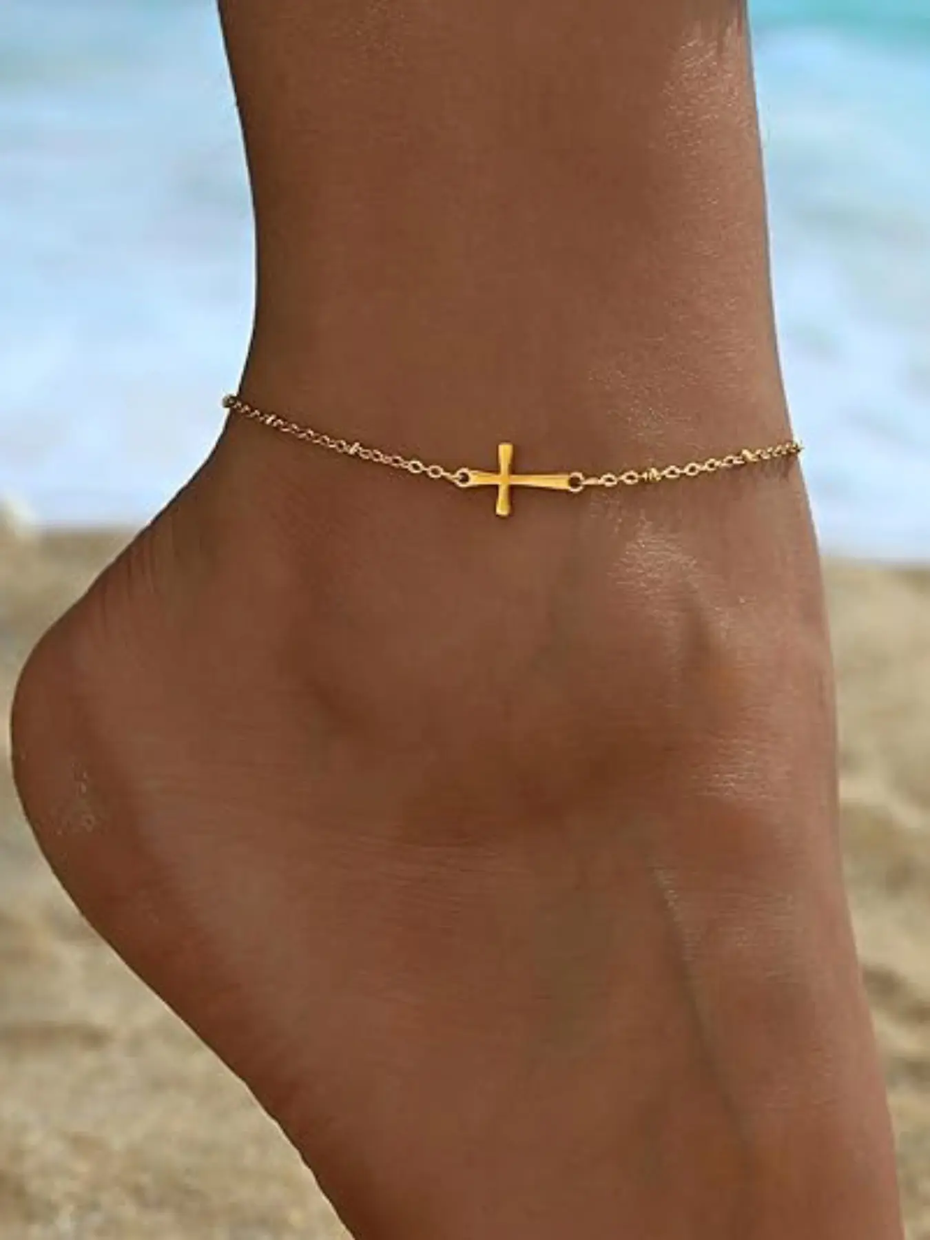 Women's Cross Anklet, Ankle Bracelet, 18k Elegant Anklet, Decorated with Colored Beads and Pearls, Adjustable Religious Christian Anklet, Waterproof Bohemian Summer Beach Jewelry