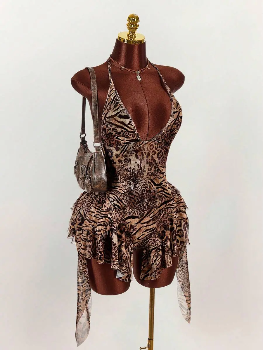 Women's 2026 Leopard Print V-Neck Halter Ruched A-Line Jumpsuit Club Clubbing Brown Zebra Summer Outfits For Women Festival Beach Birthday Casual Y2k