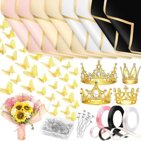 195Pcs Flower Bouquet Accessories Supplies, 40 Flower Wrapping Paper, 4 Gold Crowns, 48 Butterfly Decorations, 100 Flower Pins and 3 Ribbons for Mother's Day Wedding Baby Shower Graduation