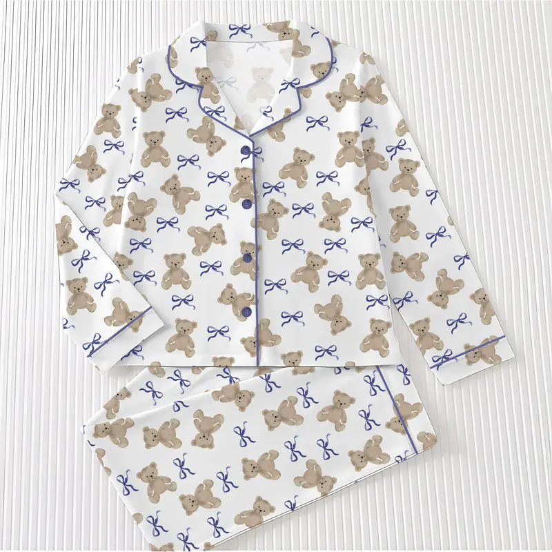Women's Fall Winter Home Set, Cute Bear Print Pajamas, Casual Long Sleeve Shirt & Elastic Pants, Soft Stretch Fabric, Comfortable