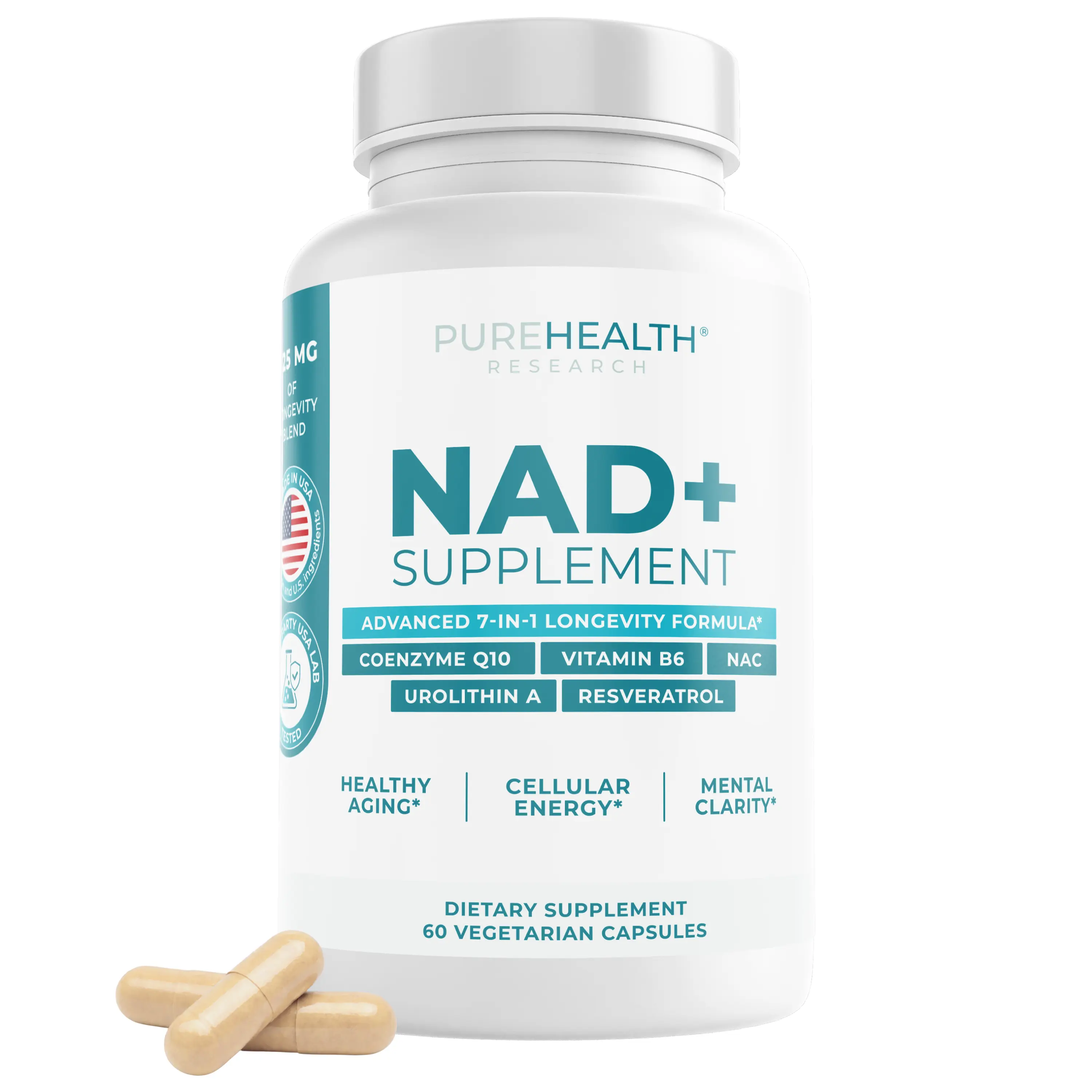 PureHealth Research NAD+ with NAC Capsules for Daily Energy, Focus and Healthy Aging for Women and Men 7-in-1 Formula