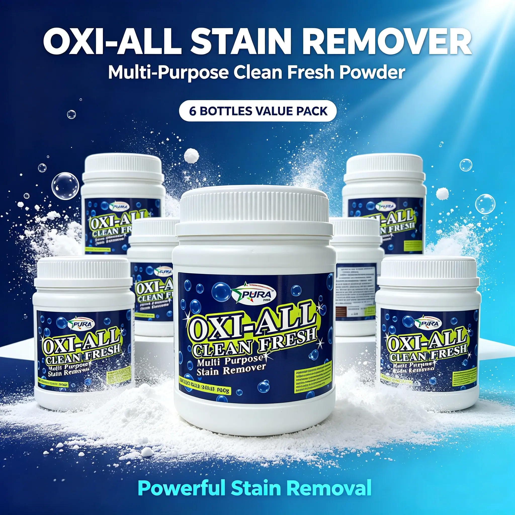 6 Pack PURA MINI OXI-ALL Clean Fresh Oxygen Stain Remover Powder 900g Multi Purpose Laundry Explosive Enzyme Bleach Salt For Baby Clothes Underwear Color Fabric All Washable Garments Household Deep Cleaning Bulk Supply Set
