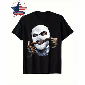 Men's Ski Mask Balaclava Graphic T-Shirt, Hip Hop Streetwear Tattoo Print Tee, Urban Street Style Casual Short Sleeve Top for Men