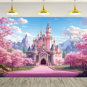 1pc 2D Flat [Pink Sakura Decor] , Giant Spring Themed Pink Sakura Forest Princess Castle Hanging Decor Polyester, No-Electricity, Easy to Hang Ideal for Festivities, Indoor & Outdoor Events Pro White Ornaments Wall
