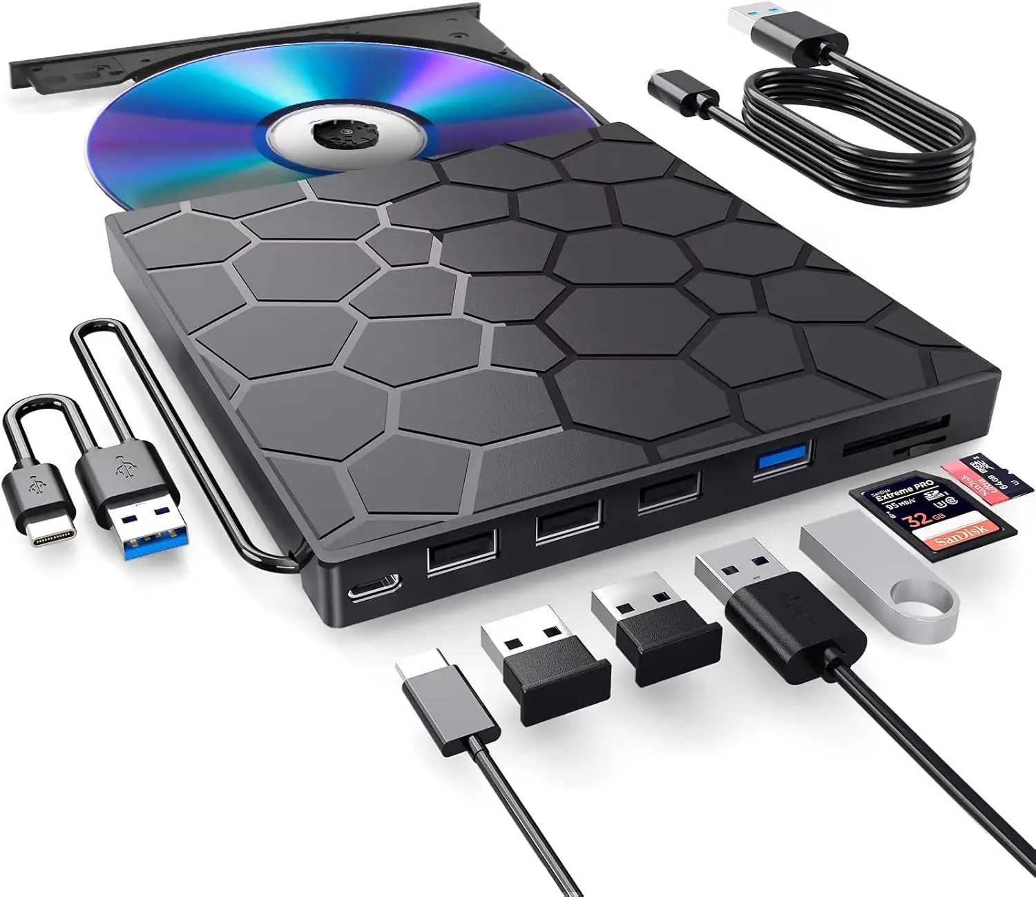 7-in-1 Extemal CD/DVD Drive for Laptop,USB 3.0 & Type-C Portable CD/DvD Rw Burner with SD/TF Card Reader &DVD-ROM Rewritable Player，Compatible with Laptop Pc Desktop, Windows11/10/8/7 Linux Mac os