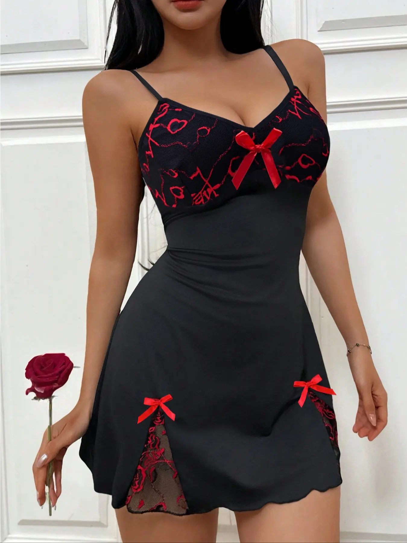 Women's Chic Elegant Split Back Strap Nightgown, Nightwear, Loungewear, Floral Lace Cup & Adjustable Straps, Soft Stretch Fabric, All Season