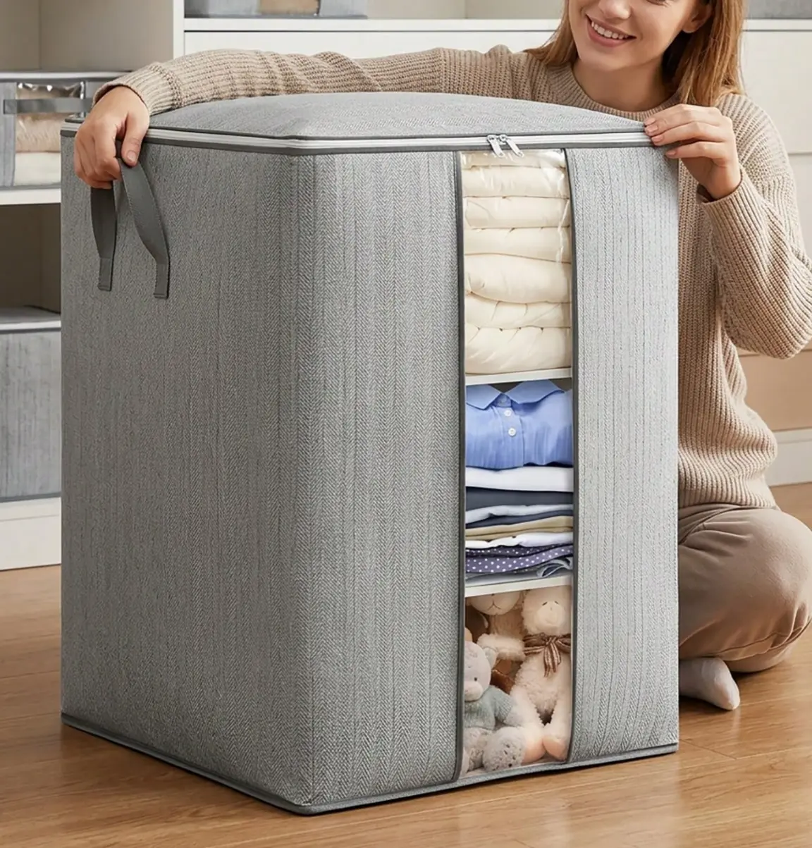 Gray Extra Large Collapsible Storage Bag - 1pc Dual-Handled Home Organizer, Large Capacity Storage Box with 2-Way Easy-Open Zippers, Lightweight Foldable Bin for Organizing Bulk Items, Moving Packing Essential, Large Capacity Storage Boxes