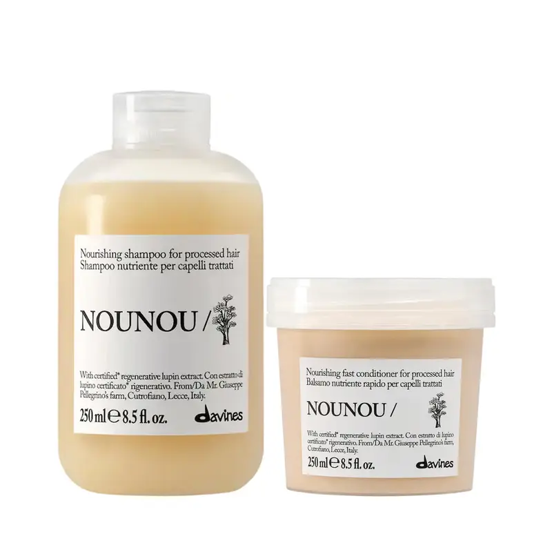 Davines NOUNOU 2-Piece Shampoo and Conditioner Haircare Set - Cleansing Gentle Shampoo, Nourishing Repairing Conditioner with Lactic Acid, Butylene Glycol, Musk Fragrance for Damaged, Very Dry Hair (Moisturizes, Smooths Strands)