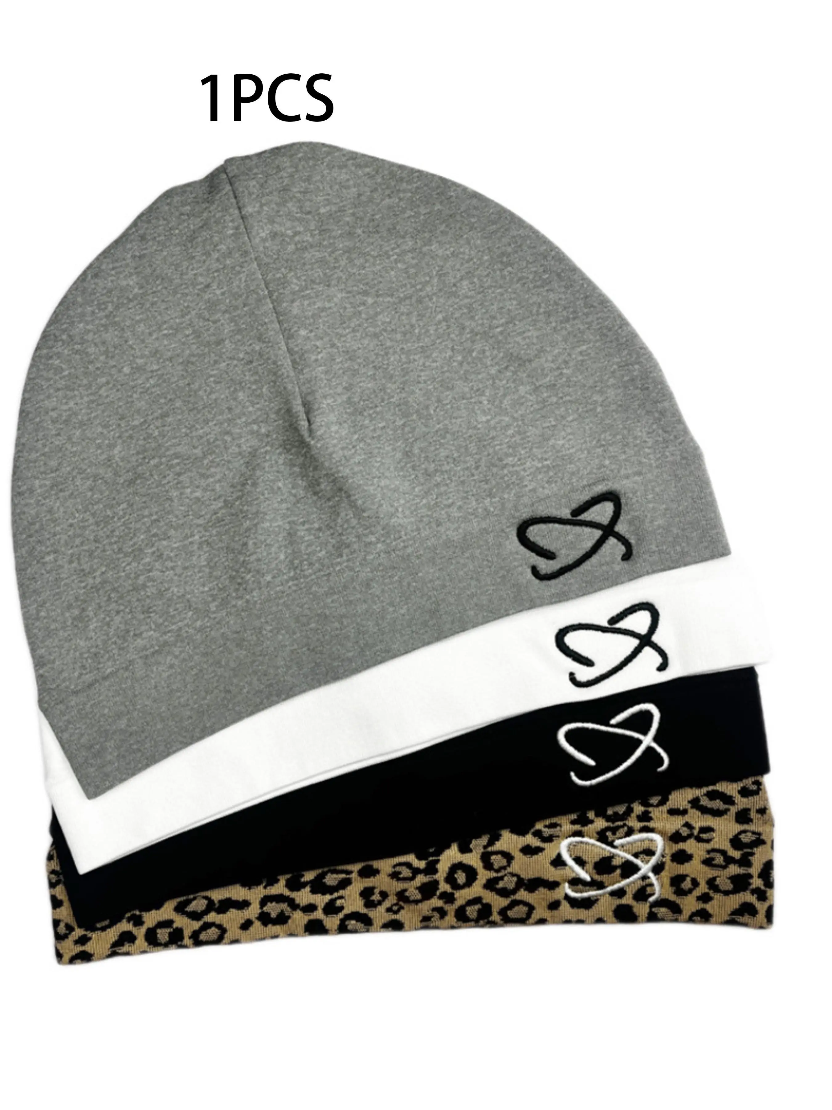 Soft Cotton Beanie Hat with Minimalist Abstract Embroidery, Leopard Print Options, Unisex Headwear for Fall Winter, Casual Streetwear, Embroidered Hat