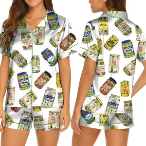 Pickle Lover Pajama Set with Pink Bows, Satin Pajama Pickle Lover Bow Nightwear Women Gift, Sleepwear Pickle Set