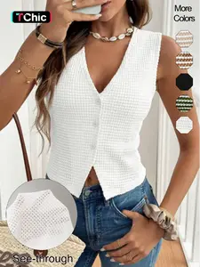 Women's Striped Print Button Front Short Knit Breathable Fitted Vneck Vest, Casual Basic Sleeveless Crop Top for Summer, Ladies Clothes for Daily Wear, Aesthetic Womenswear