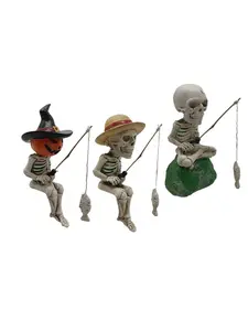 Gothic Style Fishing Skull Sculpture, Outdoor Garden Pond Fountain Resin Craft, Unique Design Decorative Art Piece
