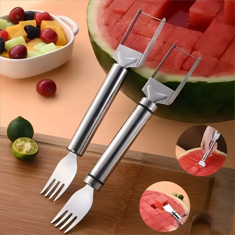 2 Counts Set 2-in-1 Watermelon Fork Slicer,Stainless Steel Fruit Cutter,Watermelon Cube Cutting Tool,Watermelon Slicer,Dual Head Fruit Forks Slicer Kn