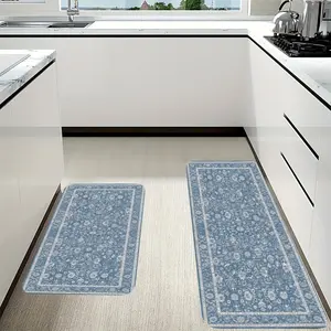 Retro Blue Oriental Medallion 2-Piece Kitchen Mats, Non-Slip Stain Resistant Washable Kitchen Rugs, 16"x24"+18"x47"Anti-Fatigue Floor Mats for Kitchen, Entryway, Bedroom, Office