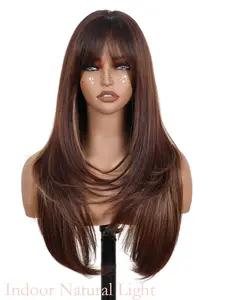 Women's 26 Inch Long Straight Brown Mixed Highlight Wig with Bangs, Layered Synthetic Heat Resistant Material Wigs, Synthetic Machine Wigs, Daily & Party Use, Synthetic Fiber Wigs