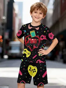 Trendy Fun Children's Two-Piece Video Game Controller Matching Set, Short Sleeve Tops and Shorts Outfit, 100% Polyester Casual Loose Fit Set, Summer Fun Printed Pattern, Outdoor Sports T-Shirt Set, Perfect Gift for Boys