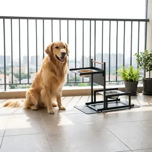 [HUOMAQFAN] Metal Raised Dog Bowl Stand, 6-Height Adjustable Pet Food & Water Bowls with Spill-Proof Mat, 6.9"-14.2" Elevated Feeder for Medium & Large Dogs, Black
