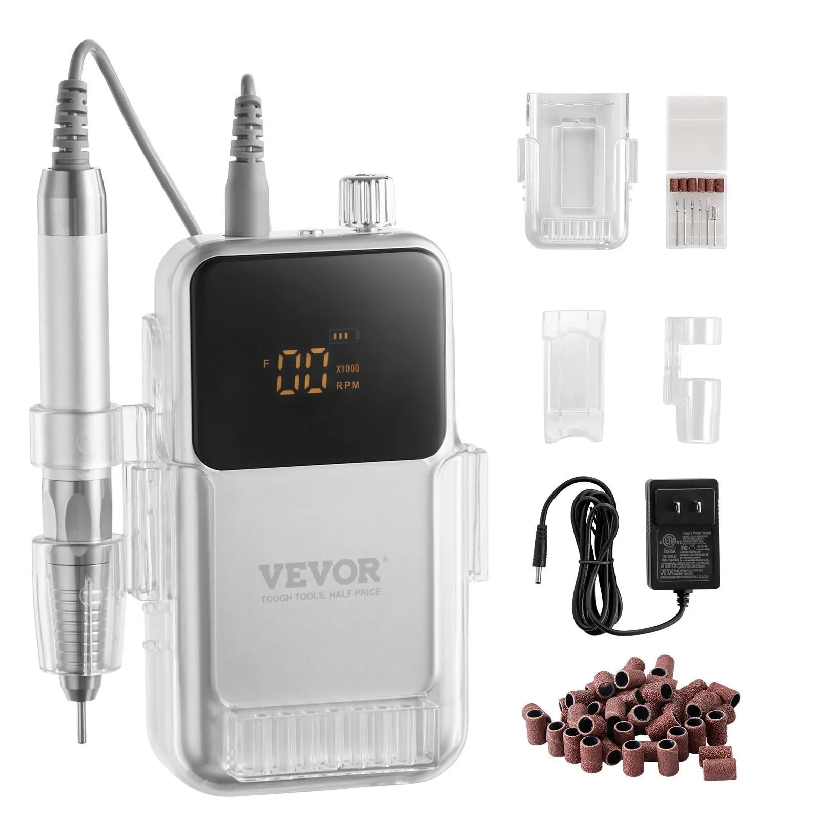 【Summerfinds】VEVOR Electric Cordless Nail Drill - with High-Torque 35000RRM Brushless Motor, Rechargeable Nail E File Machine with 6 Bits & 50PCS Sanding Band for Acrylic Gel Nails, Portable Manicure Pedicure Tool