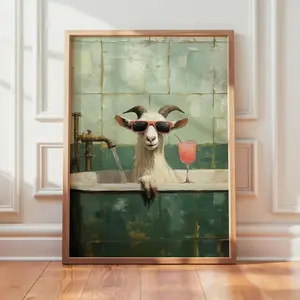 Funny Goat Bathroom Art Print – Relaxing Farm Animal with Cocktail | Rustic Wall Printout, Country Home Poster, Goat Lover Print | Unframed F