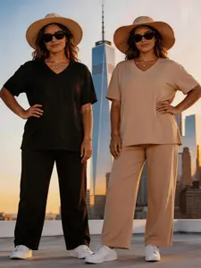 Womens Plus Size 2pcs Oversized Sweatsuit Set - Short Sleeve V Neck T-shirt & Wide-Leg Pants, Machine Washable Casual Lounge Wear Matching Casual Outfit for Women