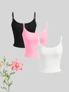 Fashion Solid Color Adjustable Straps Versatile Comfortable Slim Fit Sexy Basic Tank Top Women's Three-Piece Set