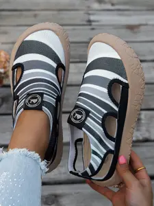 Rainbow Stripe Flyknit Sandals for Women, Breathable Hollow Out Soft Sole, Comfortable Summer Lazy Shoes, Non-Tiring Footwear