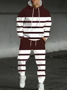 Men's Casual Fashion Hooded Set (top + Pants), Sporty Style, Moderate Knit Fabric, Long Sleeve, Fitted, All over Print, Fall & Winter Wear, Outfit