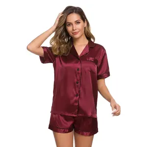 Women's Silk Satin Pajamas Short Sleeve Button Down 2-Piece Loungewear Sleepwear Pj Set
