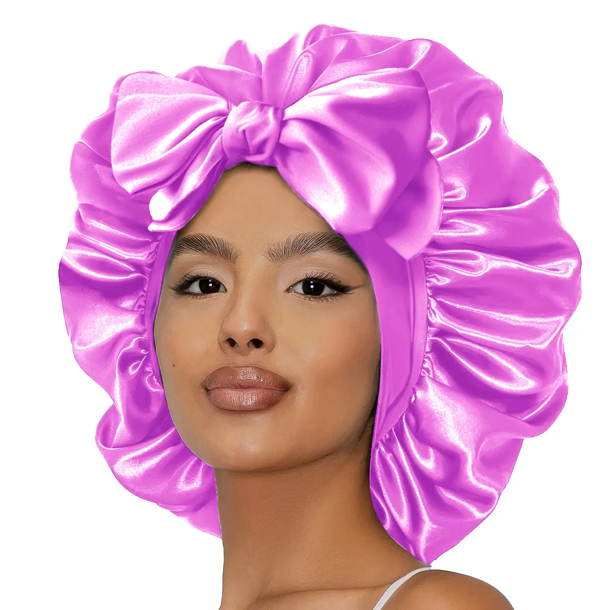 Women's Silky Satin Anti-Frizz Hair Bonnet Hat for Adults - Double-Layer Hypoallergenic Fabric, Wide Soft Skin-Friendly Lining, Adjustable Tie, Elastic, Bow Ribbon, Haircare Nightcap for Sleeping, Free Gift Included